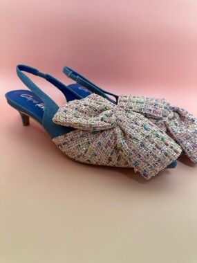 Cape Robbin Blue Slingback Tweed Bow Kitten Heels